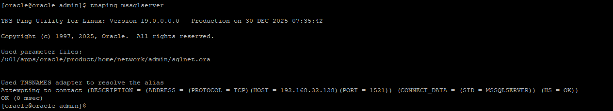 SQL Server can be pinged from Oracle Server