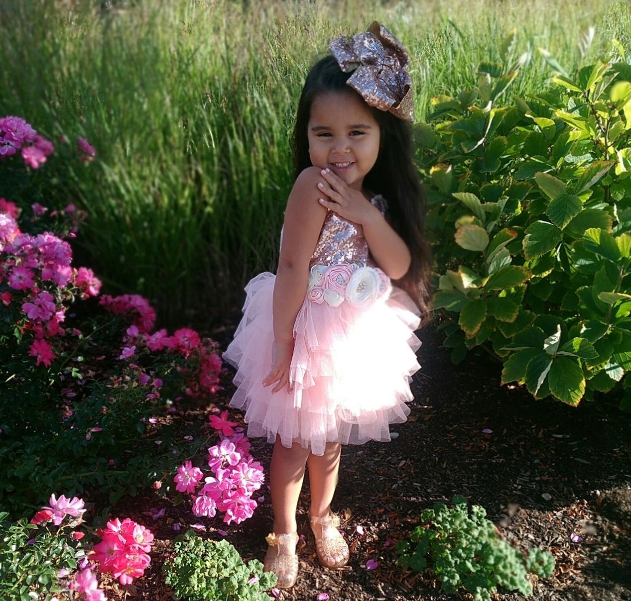 Rose Gold Sequin Flower Girl Dress, Blush Pink Tulle Gown for Girls, Gigi Birthday Dress, Boho Chic…