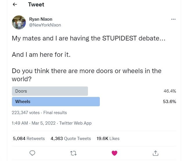 Wheels Vs Doors: Which Do You Think There Are More Of? | Casual