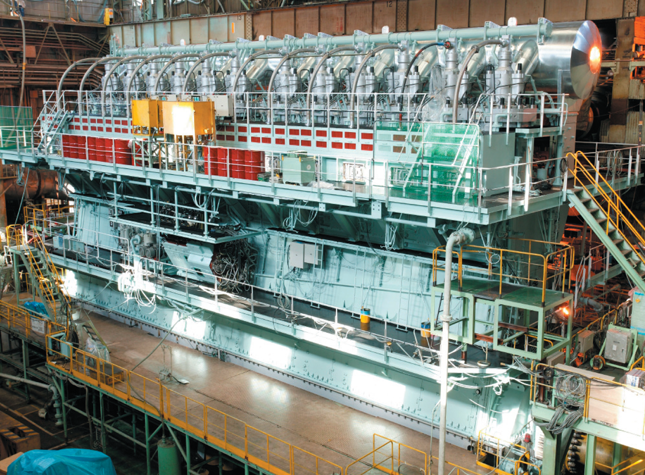 The Sulzer 12RT-flex96C engine develops 68,640 kW at 102 rpm, and measures about 24 m long by 13.5 m high. Source: Wartisilia