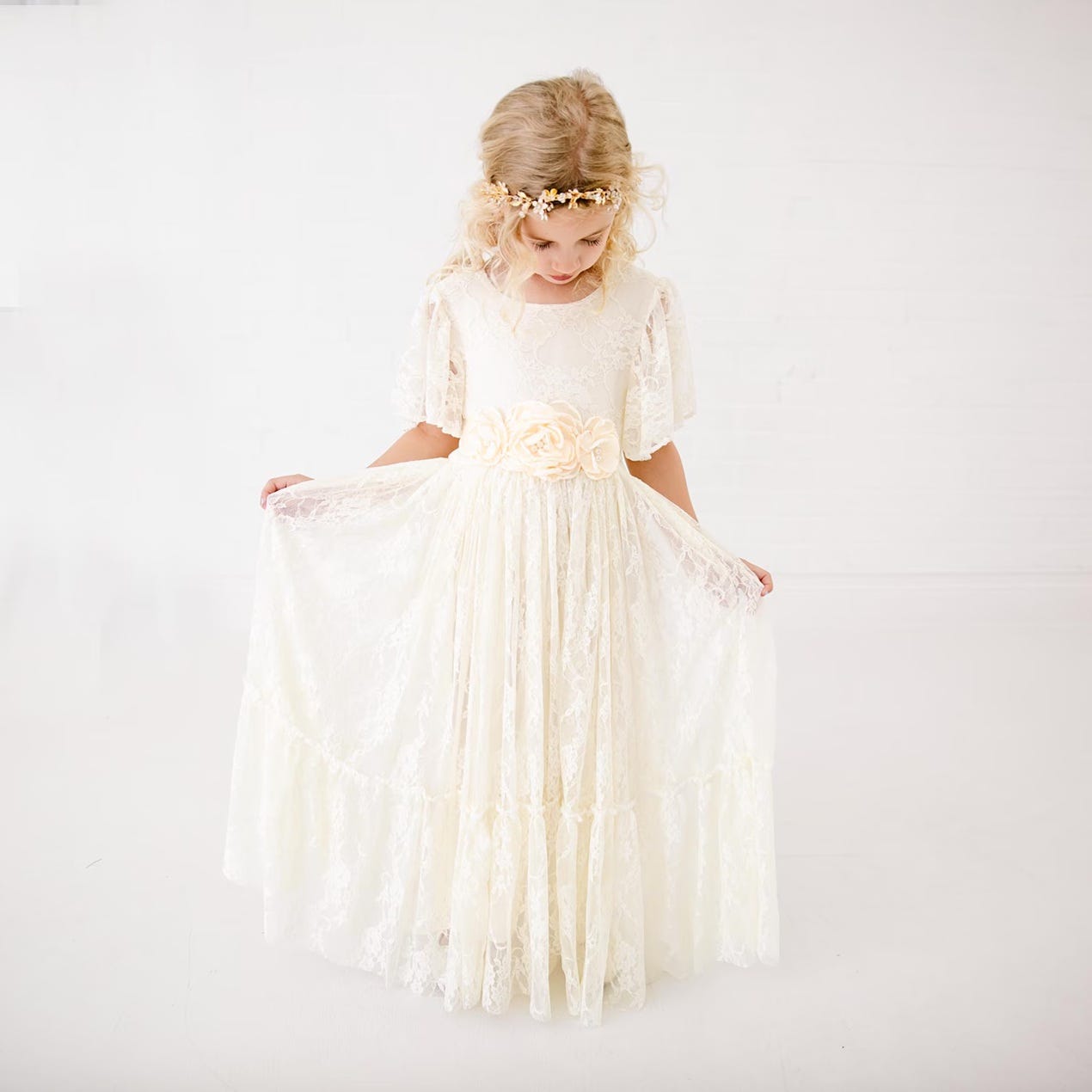 Rustic Ivory Flower Girl Dress, Boho Lace Wedding Dress, Vintage Cream Bohemian Outfit, Country…