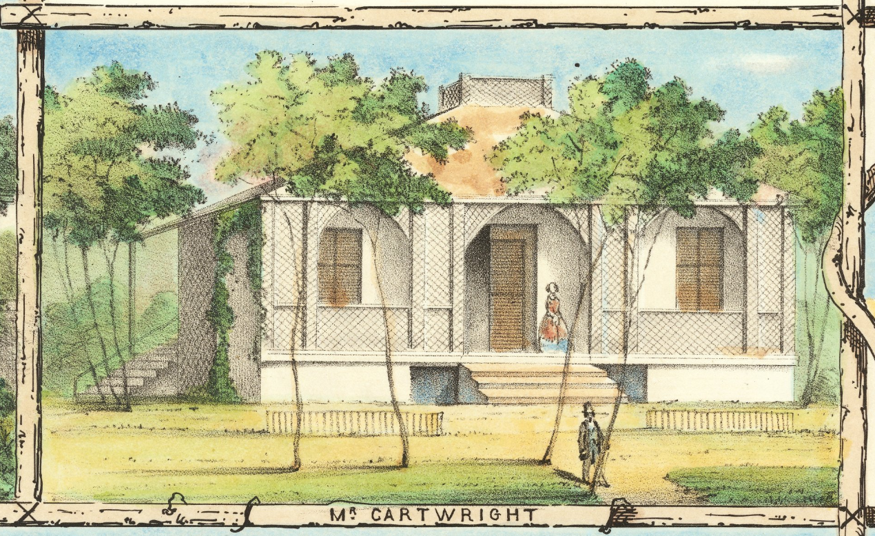 The Honolulu residence of Alexander Cartwright; from Paul Emmert, Views of Honolulu (№5), 1854