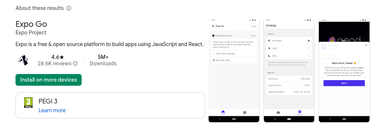 Expo Go in Google Play Store