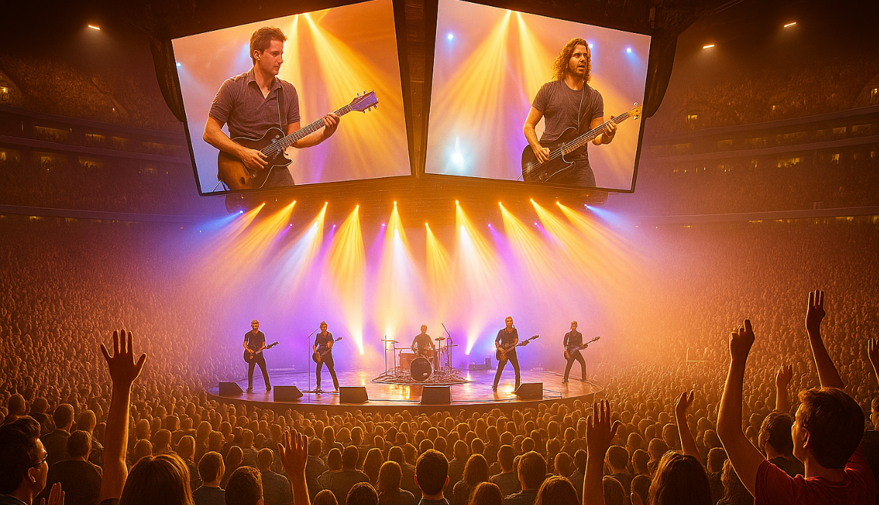 Music concert experience amplified by stadium real-time event broadcasting technology.