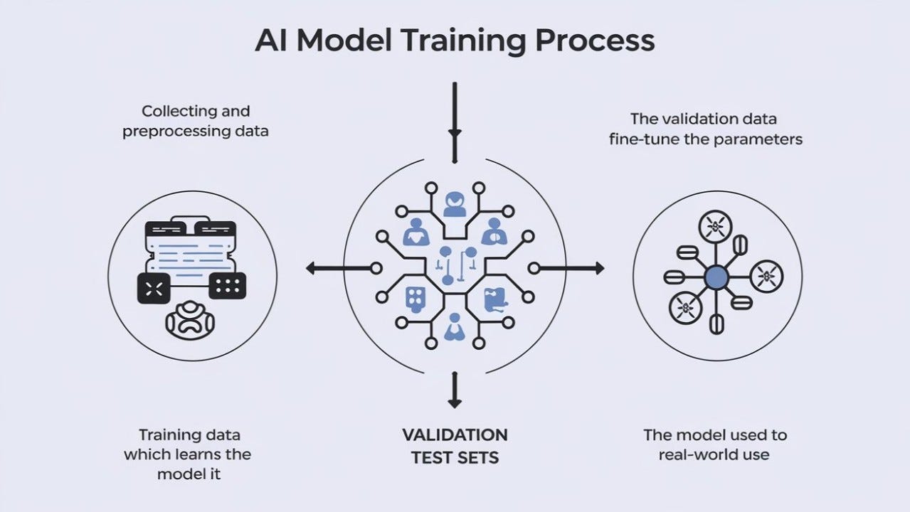 How do AI models get trained and tested?