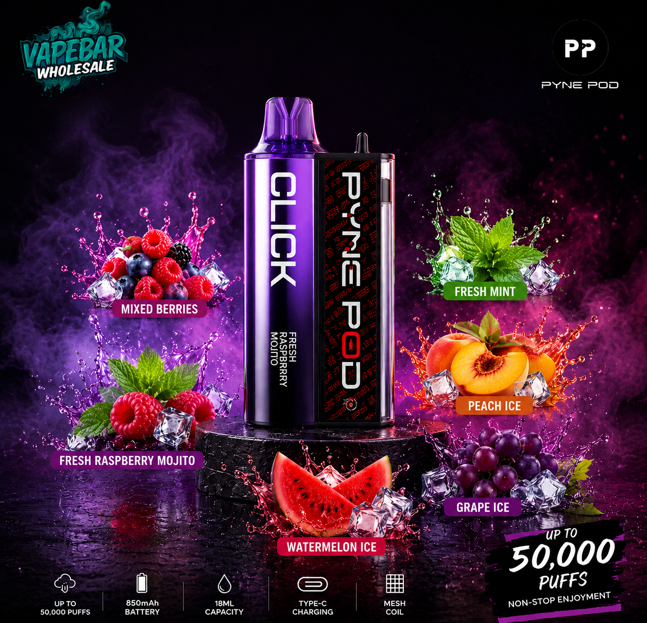 Top Features of Pyne pod click 50000 puffs box of 5