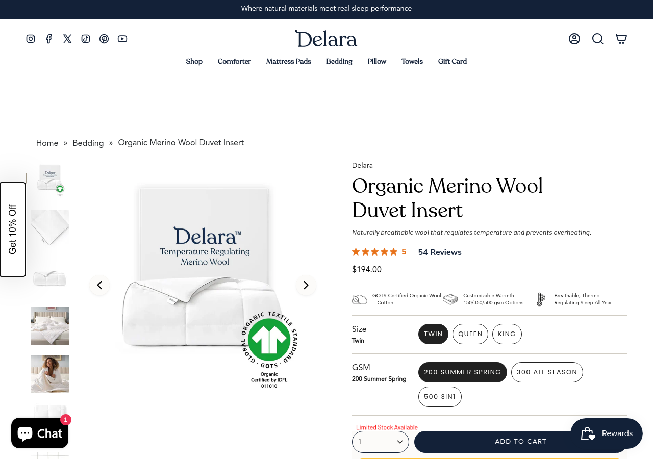 Delara Organic Merino Wool Duvet Insert