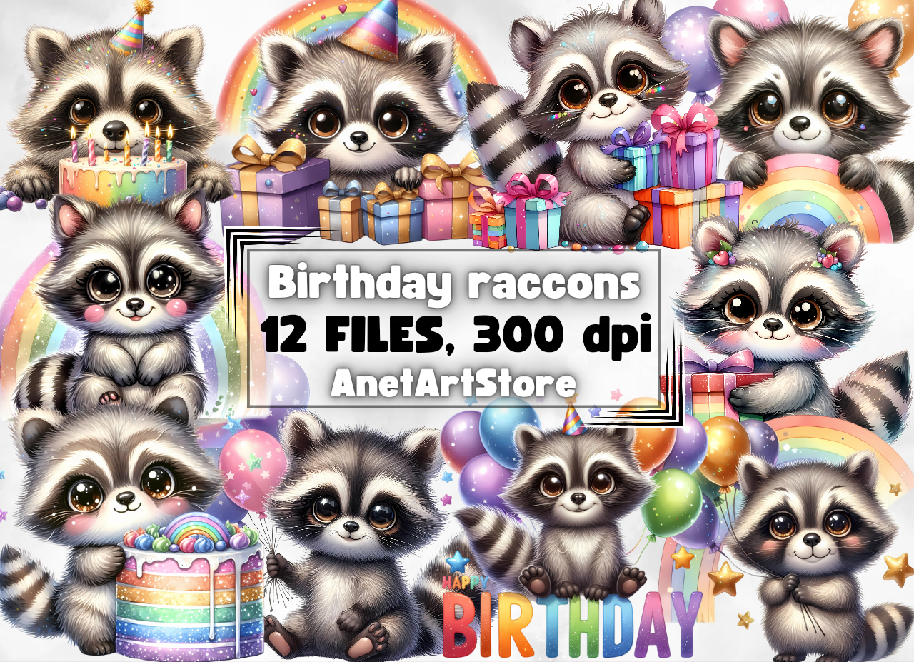 Cute Birthday Raccoons Clipart Set Printable Illustrations