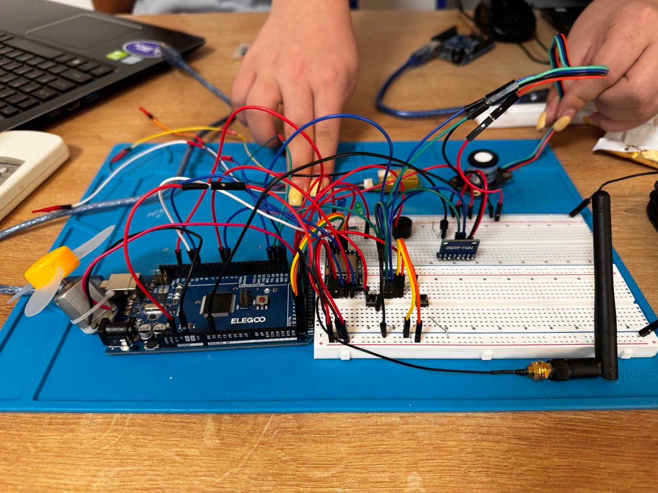 Figure 1. Experimental setup for testing MPU6050, BMP180, LM35, SEN0322, and MH-Z19C sensors using Arduino Mega | Creator: Mane Harutyunyan | Copyright: ©DEPI Space