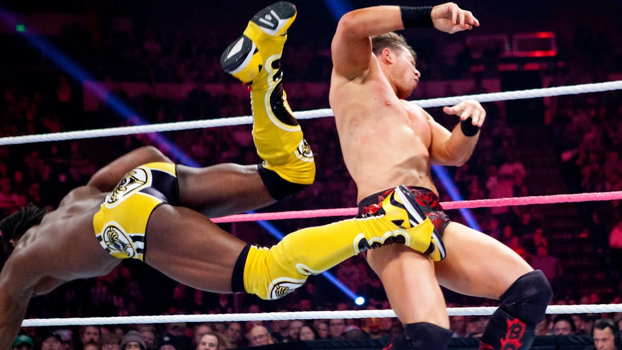 Kofi Kingston hits his finisher “Trouble in Paradise” on The MIz in a 2012 episode of Monday Night Raw (credit: YouTube)