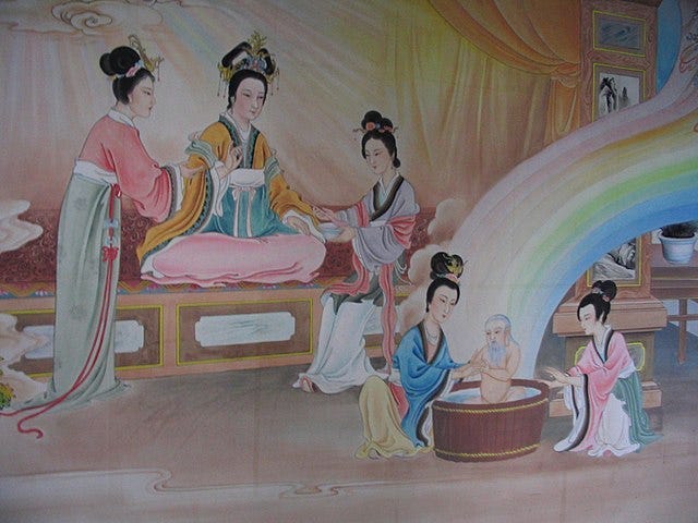 노자의 아기 시절을 묘사한 정교한 벽화. 노자는 도교의 창시자이자 전설적인 도덕경의 저자로 여겨진다.<BR>