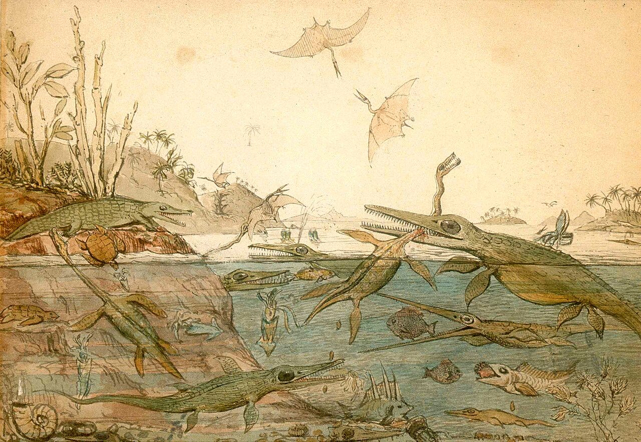 Duria Antiquior — A more Ancient Dorset, watercolour painted in 1830 by the geologist Henry De la Beche. Credit: Wikimedia Commons