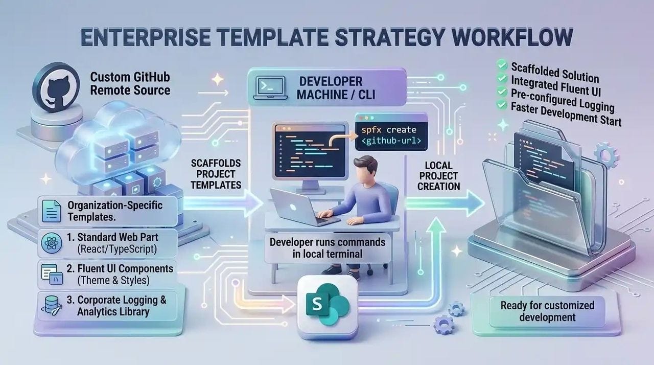 Company-specific templates are hosted in a secure GitHub remote source, fetched by the SPFx CLI, and delivered directly to the developer’s machine as a ready-to-develop project pre-configured with internal Copilot API patterns and corporate design standards.