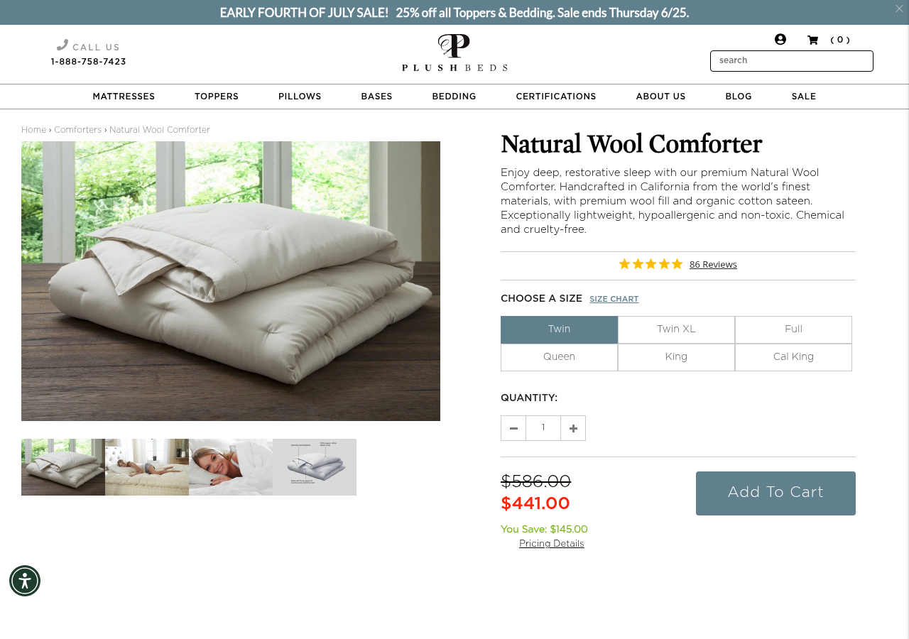 PlushBeds Handmade Natural Wool Comforter