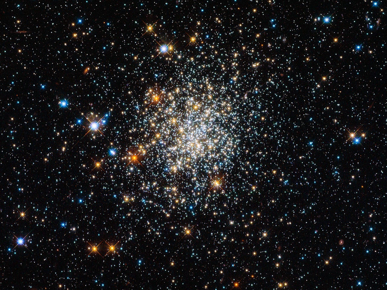 Globular clusters are round, symmetric collections of stars filled primarily with older stars: formed in bursts many billions of years ago. This object, although it looks like a globular cluster visually, is some ~200,000 light-years away and consists exclusively of young stars; it is instead an open star cluster, but one that has not yet begun to dissociate. (Credit: ESA/Hubble & NASA)