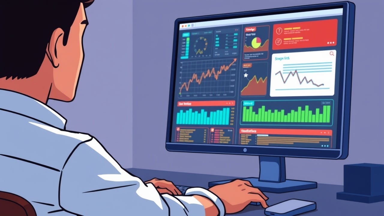 A person is looking at a computer screen displaying colorful graphs and alerts.