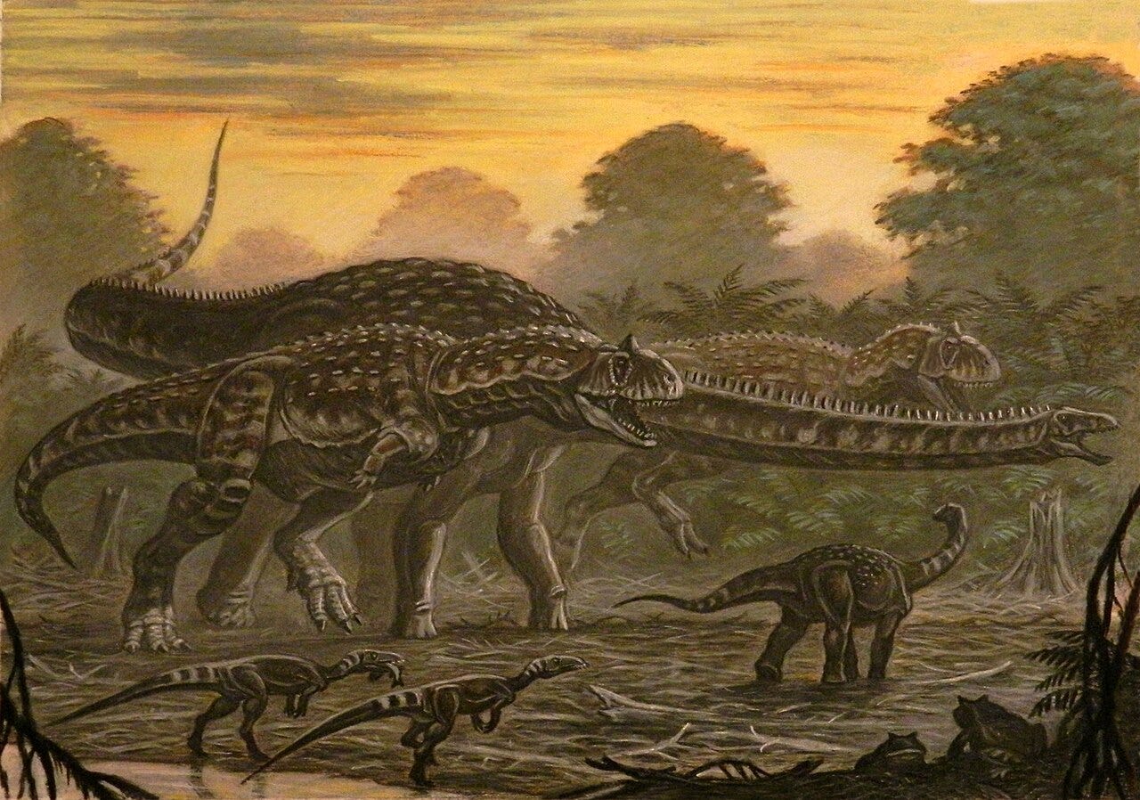 Majungasaurus chasing a Rapetosaurus. Credit: Wikimedia Commons by ABelov2014