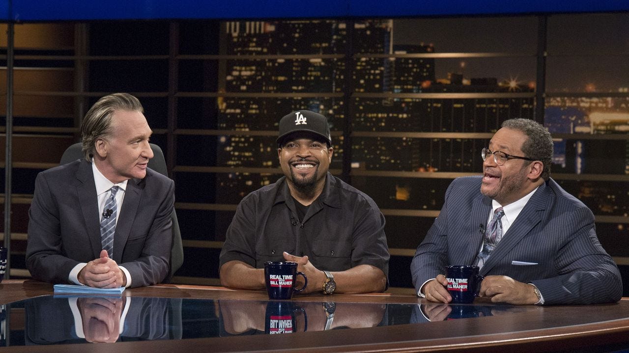 Bill Maher, Ice Cube, and Michael Eric Dyson on HBO’s “Real Time with Bill Maher,” after Maher drew criticism for saying the N-word. PHOTOGRAPH BY JANET VAN HAM / HBO