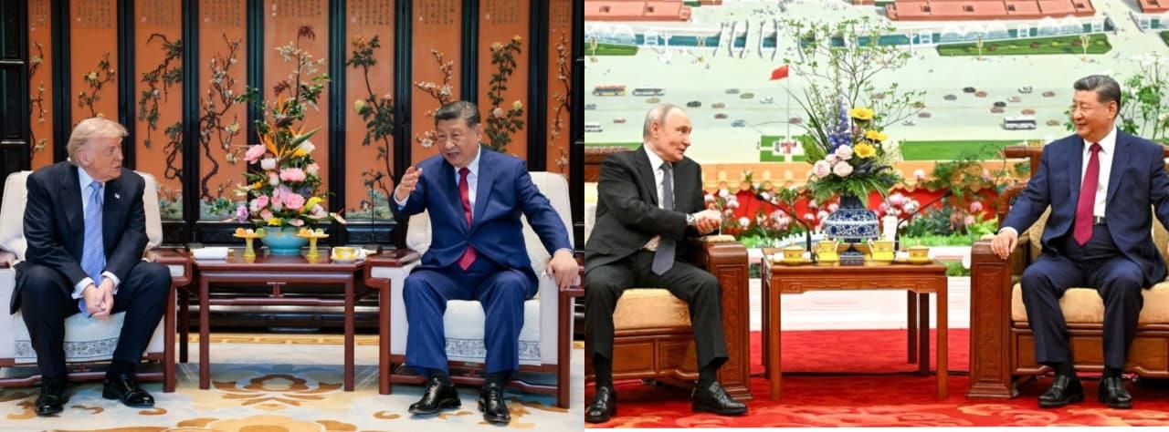 Presiden Putin dan Presiden AS Donald Trump bersama Presiden Tiongkok Xi Jinping menggelar perjamuan teh setelah pertemuan mereka di Balai Besar Rakyat, Beijing 20 Mei 2026. (Sumber 1: South China Morning Post, Sumber 2: Daily Sabah)