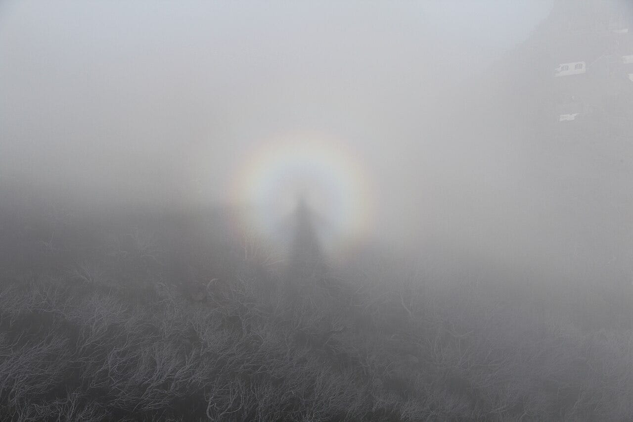 A hiker's shadow stretched across cloud-filled valley fog at Pico Ruivo, Madeira, ringed by a glory — Credit: GerritR / Wikimedia Commons (CC BY-SA 4.0)