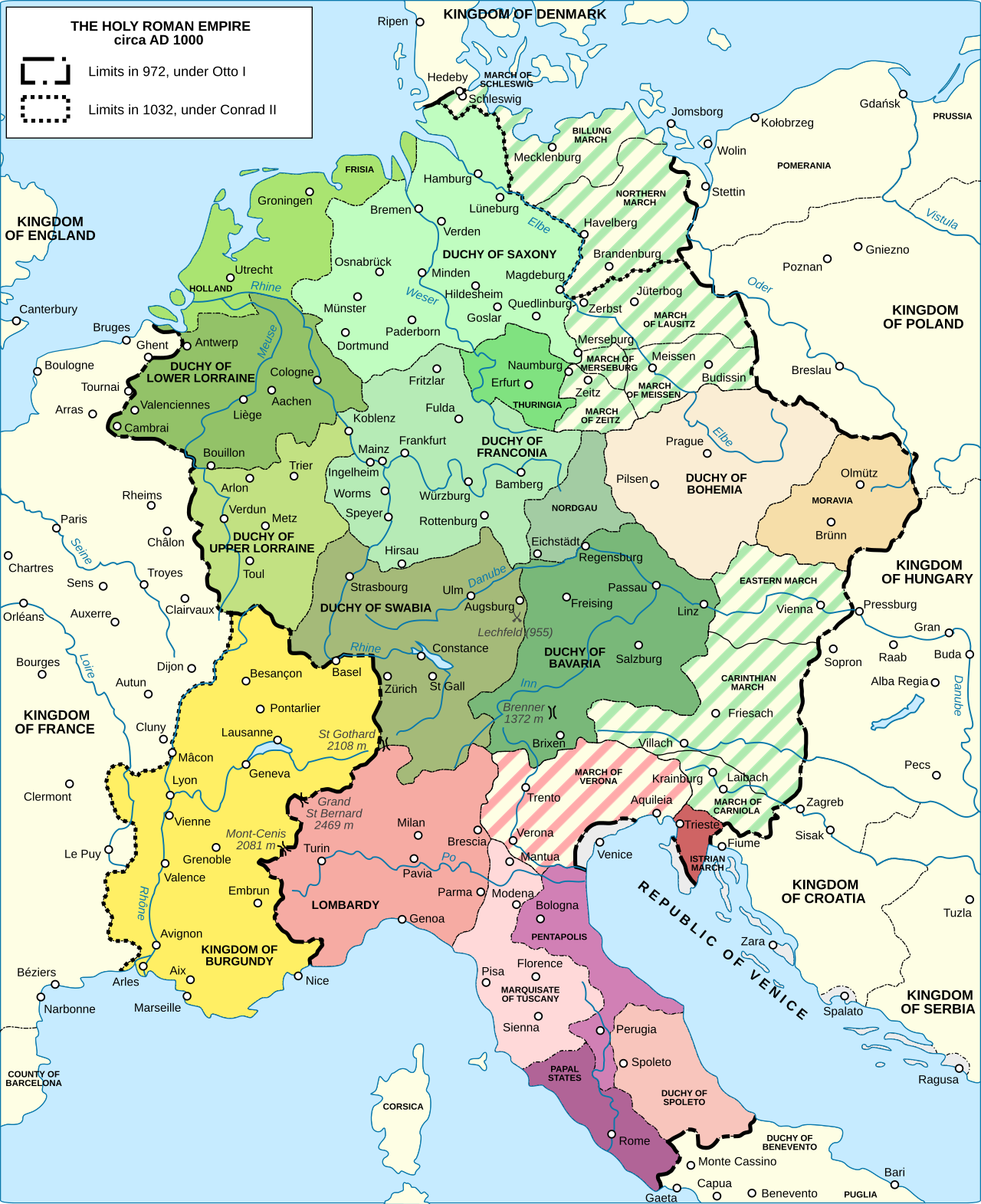 Political map of the Holy Roman Empire and surrounding regions (public domain, Wikimedia Commons).