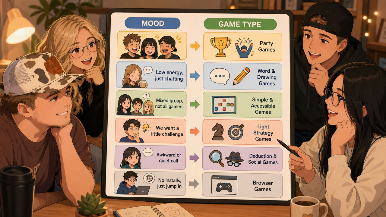 Choose the game that fits the mood of the call.
