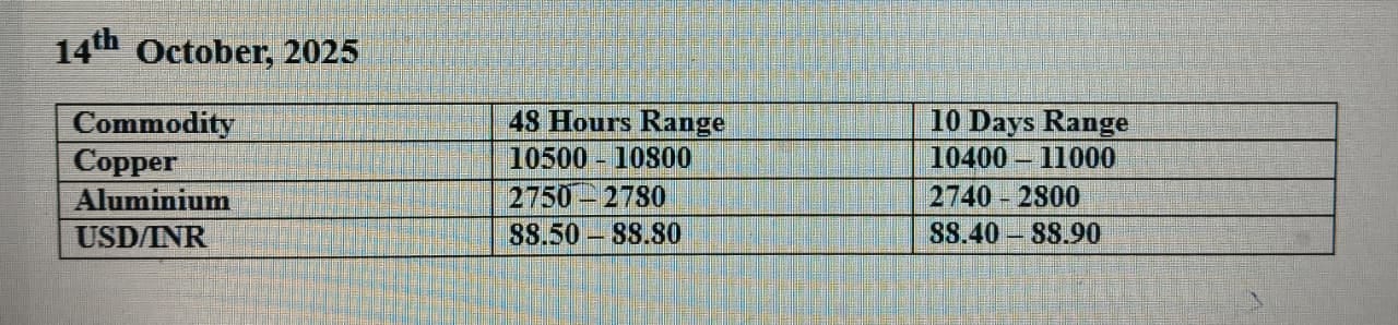Is tarrif 2.0 start? Market outlook for Copper,Aluminium & USD/INR on 14th, October,2025