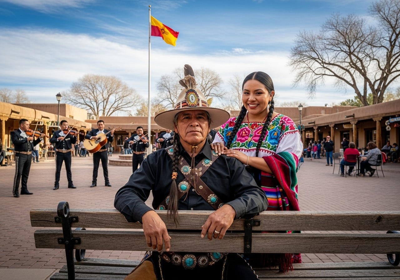 Me and my lovely Girlfriend enjoying an afternoon on the Plaza in Taos. There’s a line in One Flew Over the Cuckoo’s Nest: This didn’t happen, but it’s true anyway. Artwork by the Author using ImageFX.