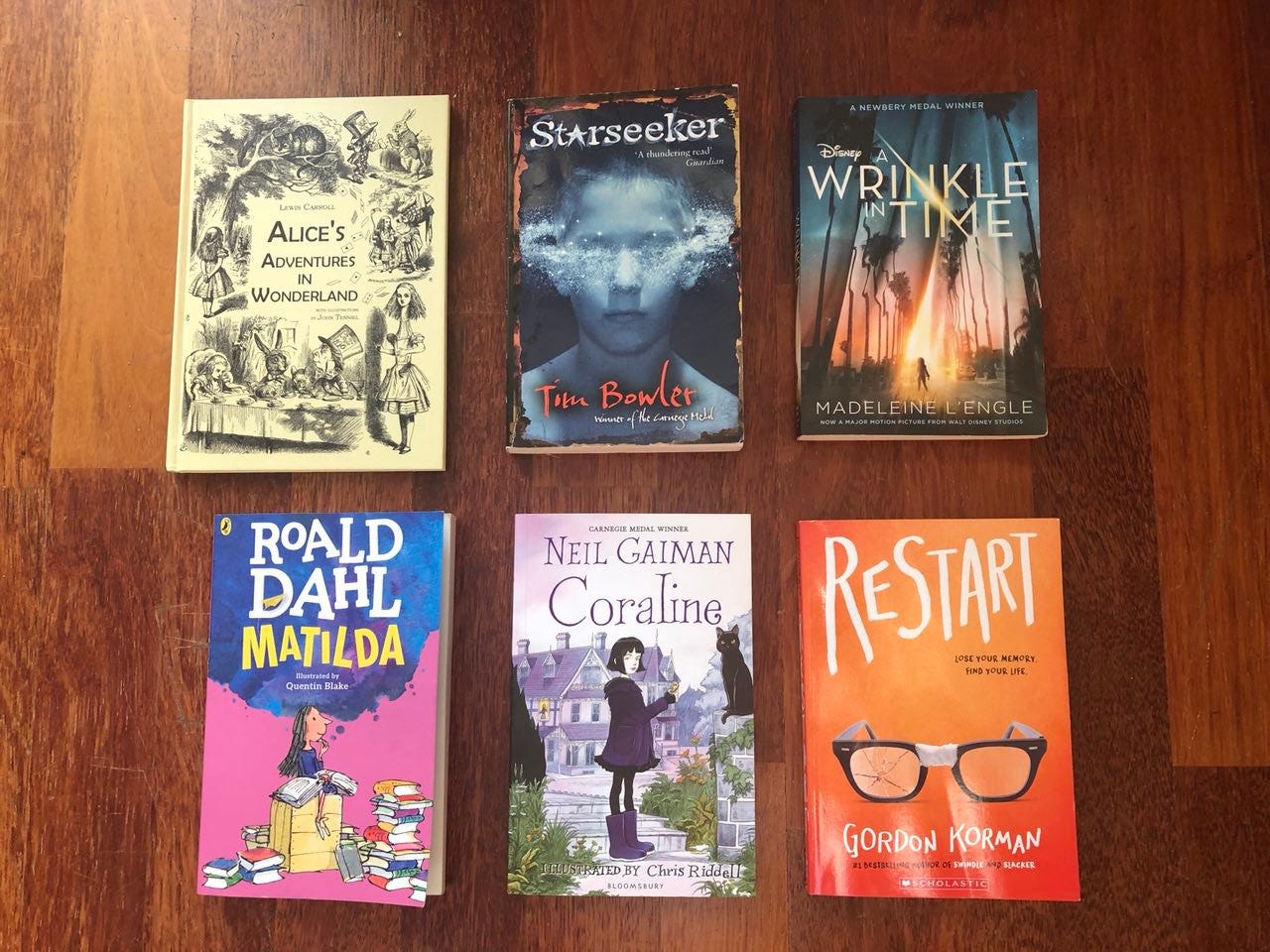 Favorite fiction books: Alice has 174 translations of herself; Starseeker; Wrinkle in the New Yorker; Matilda gets even university dissertations; Gaiman rhymes with German; Restart.