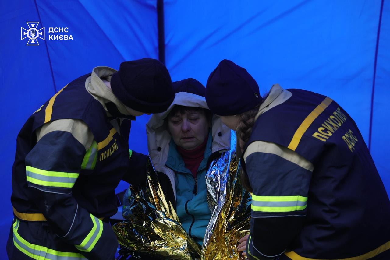 Photo Descriptions: Search and rescue operations are continuing in the Desnianskyi district at the site of a Russian UAV strike on a 9-story building. ▫️Unfortunately, 4 people were killed and 5 were injured. Emergency services rescued 17 people, including 1 child. The search for people who may still be under the rubble continues. A fire covering an area of 400 square meters has been extinguished. Psychologists from the State Emergency Service are working at the site and have already provided assistance to 38 people, along with dog handlers with two dogs, over 100 rescuers, and 33 units of State Emergency Service equipment. ▫️Volunteers from the Ukrainian Red Cross Society, World Central Kitchen, and People United by Ukraine have been involved in organizing food for the victims and rescuers. | Credit: https://t.me/dsns_telegram/53014