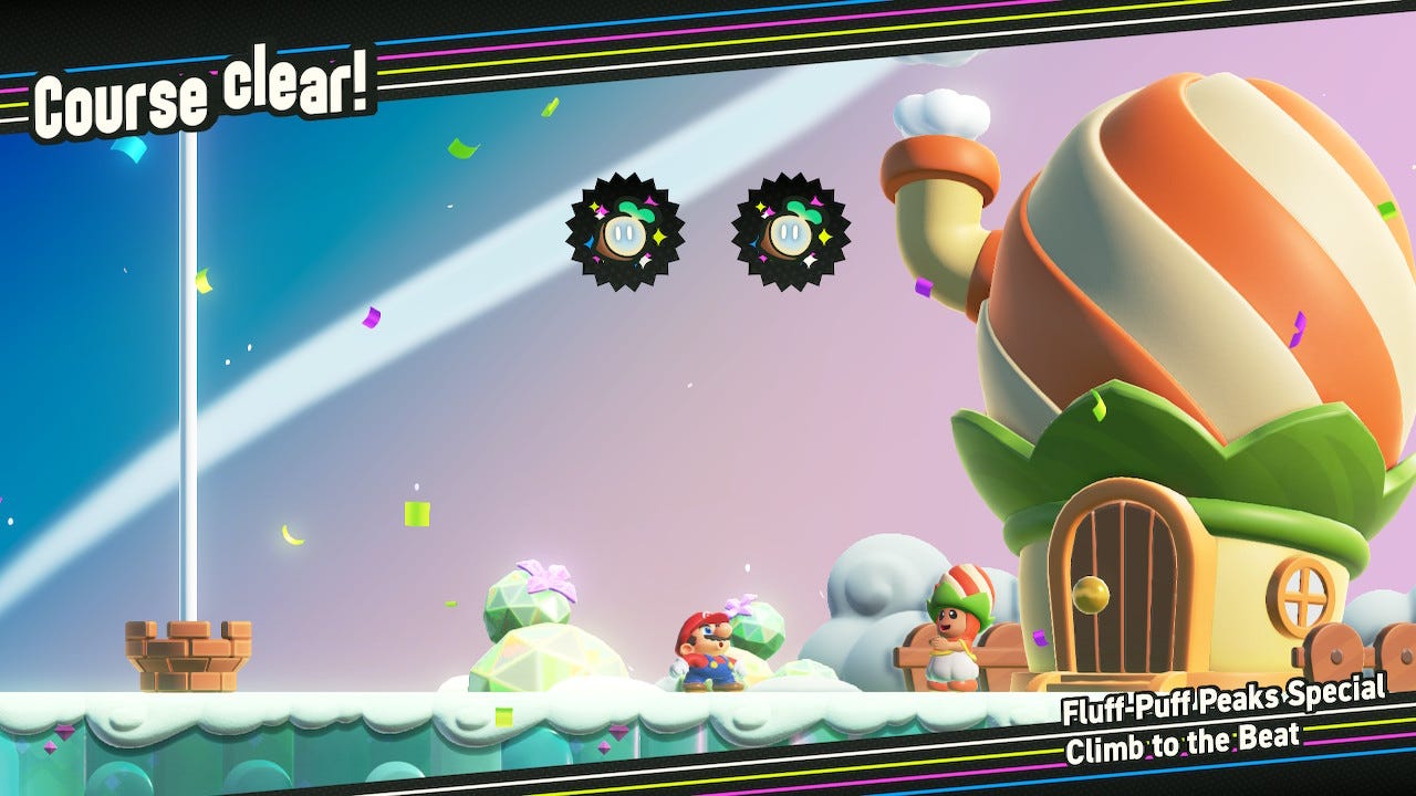 I posit that “Fluff-Puff Peaks Special — Climb to the Beat” is the second-hardest level in the game. I died 20 times trying to 100% complete it. I haven’t beaten the hardest level yet. The death count is still climbing.