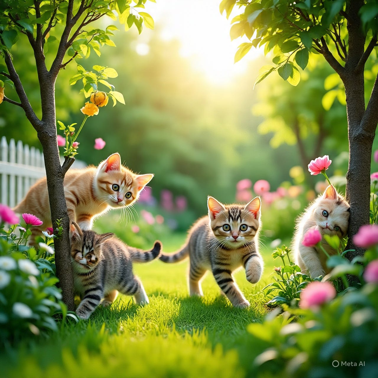 Gatitos jugando en el jardín