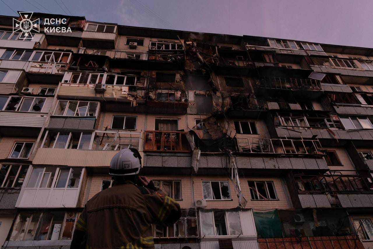 Description with the photos: Almost 300 rescuers and 500 police officers are involved in dealing with the aftermath of the missile and drone strike on Kyiv. We have been working non-stop since the first minutes of the attack. There are 22 locations in different areas of the capital — residential buildings, a hospital, a diplomatic mission, shops, and offices. The vast majority of strikes were on residential areas. Once again, the occupiers deliberately targeted civilians. Unfortunately, we have confirmation of four deaths among residents of a nine-story building in a residential area of the capital. Not all of the bodies have been recovered yet. There is also information about people who may be under the rubble. Rescuers are working very carefully, hoping to find survivors. About 30 people were injured, including two children and a pregnant woman. During the night, rescuers saved almost 70 people, evacuating them from stairwells and damaged apartments. Everyone who can help is working on site: fire and rescue and engineering teams, the Delta special unit of the State Emergency Service, police investigators, bomb disposal experts, psychologists, and dog handlers. There are police tents at each location where people can file a report, get advice, or receive support. Mobile units from the Ministry of Internal Affairs Service Center and the Migration Service are being deployed near the most damaged building in the Lisovy Massif to immediately restore people’s lost documents. Russia did not only strike the capital last night. About a dozen people were injured in the Kyiv region, including a 7-year-old child. Firefighting and emergency rescue operations also continued in the Odesa, Kharkiv, and Cherkasy regions. | Credit: https://t.me/dsns_telegram/52996?single