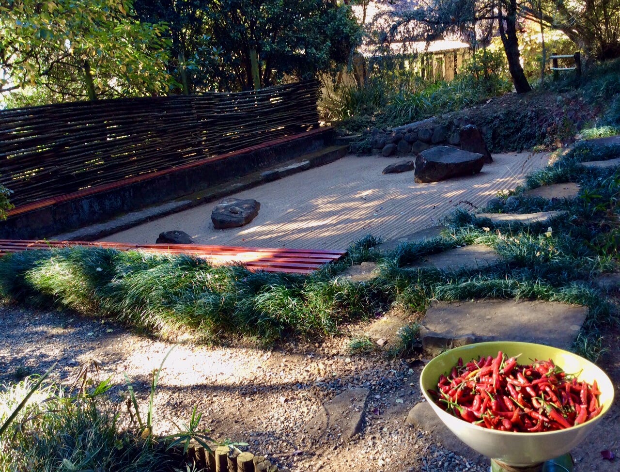 The Zen garden, a cool spot — but for those who like it hot, a bowl of red chilies.