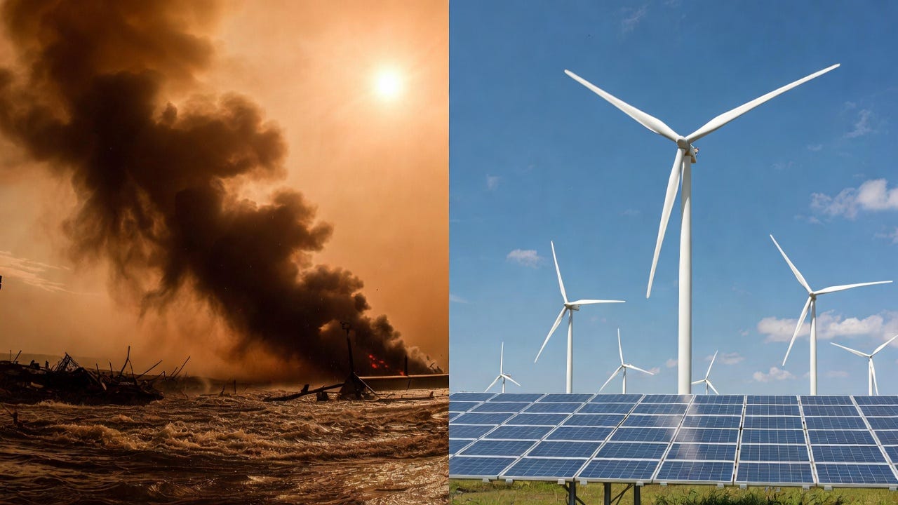 Grok Image — A dramatic split-scene showing wildfire smoke, flooding, and heatwaves on one side, with clean-energy infrastructure on the other.