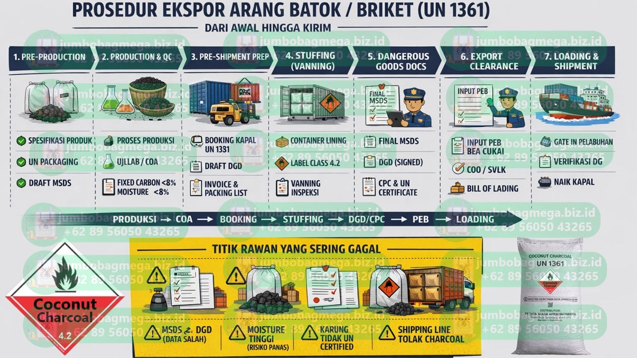 Prosedur Ekspor Arang Batok & Briket (UN 1361): Dari Produksi Sampai Naik Kapal Tanpa Ditolak