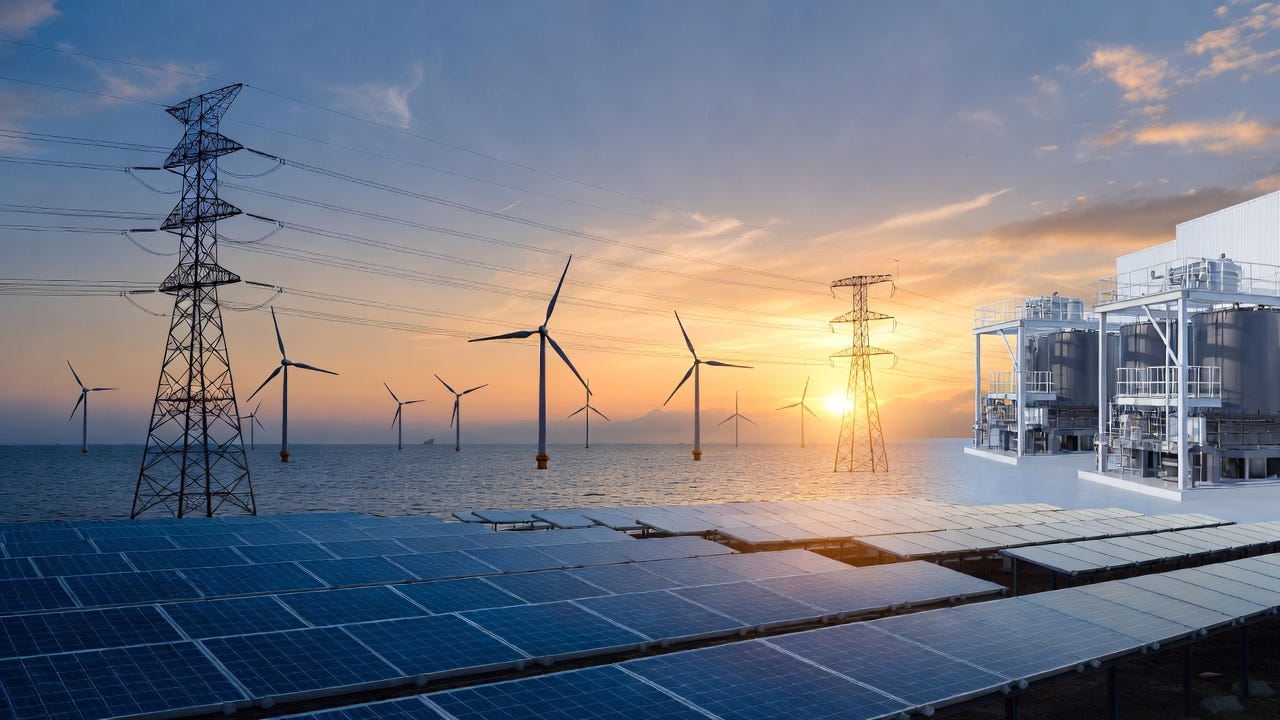 Grok Image — A sleek composite of solar panels, offshore wind turbines, high-voltage lines, and a grid-scale battery facility at dusk.