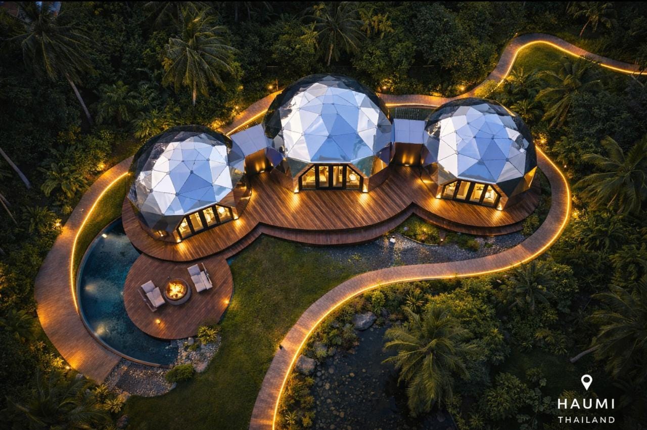 Geodesic Jungle Domes Immersive dome spaces designed to reconnect you with nature, where light, water, and greenery create a deeply restorative environment