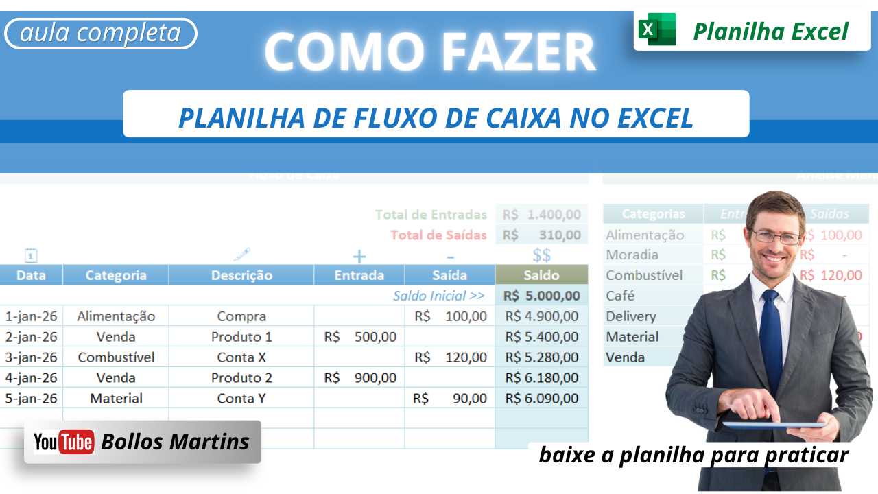 🔹Como fazer planilha de Fluxo de Caixa Excel — Planilha de controle financeiro Grátis
