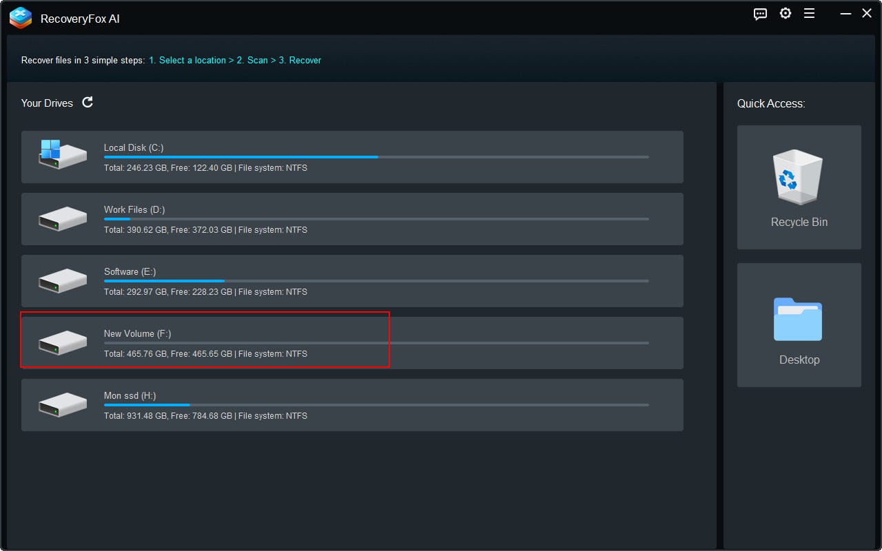 Select the disk where your files were located to start scanning