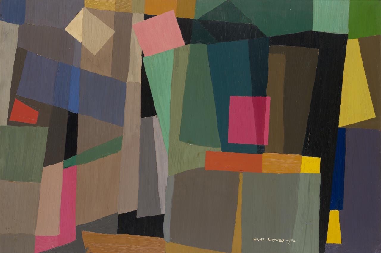 Rhythmic composition in yellow green minor — Roy De Maistre (1919), óleo sobre cartón. // Abstract painting — Grace Crowley (1952), óleo sobre tablero de composición