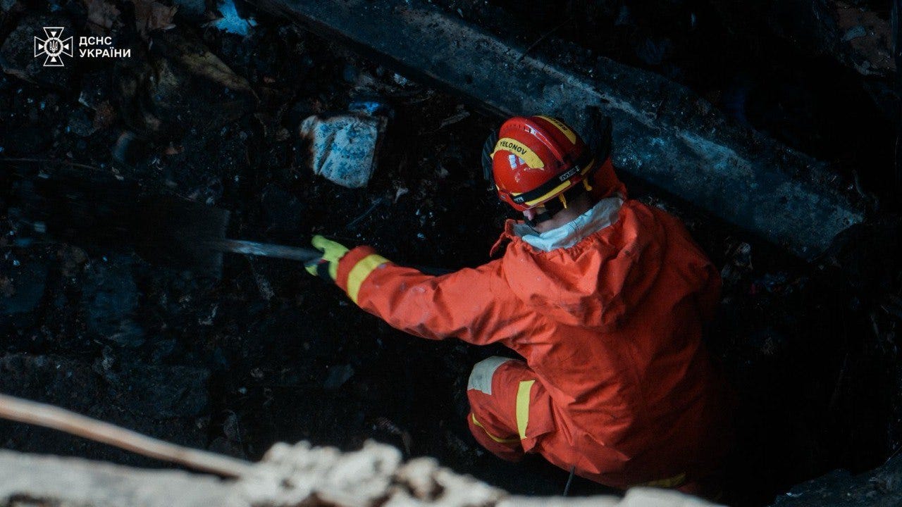 Photo Descriptions: Rescuers recovered another body from under the rubble of a nine-story building in the Desnianskyi district.This brings the death toll from Russian shelling of the capital to six. Five people were injured, and 17 people, including a child, were rescued by emergency services. Emergency rescue operations are ongoing. Psychologists from the State Emergency Service, dog handlers, and climbers from the Delta special forces are working at the site. | Credit: https://t.me/dsns_telegram/53050