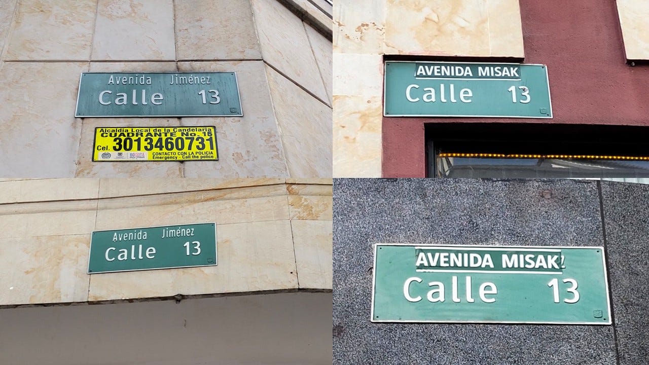 Fotografía de la intervención no oficial a la señalética de la calle en la Av. Jiménez, que sigue estando intervenida años después de la protesta junto con las placas oficiales. Nota. Fotografía personal del autor, 2025.
