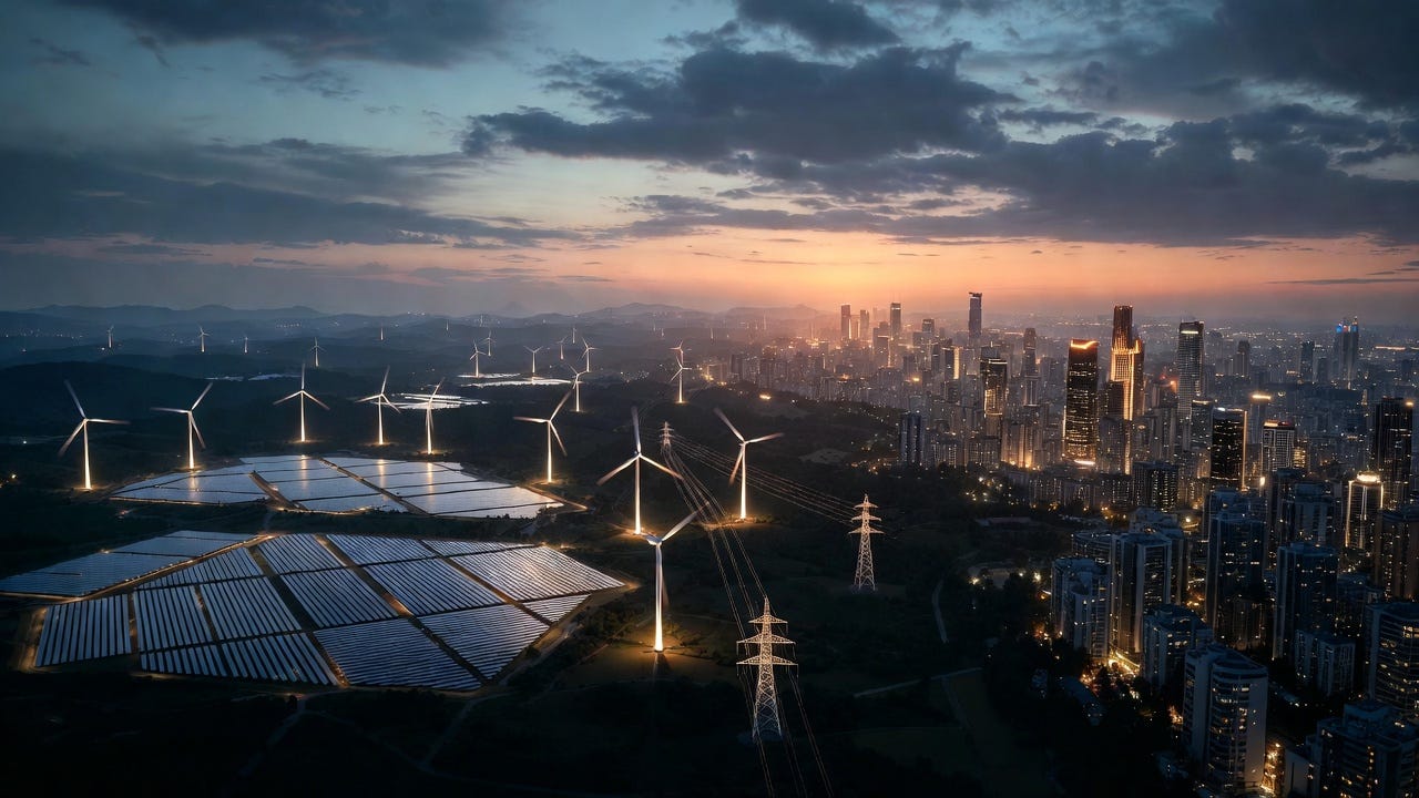 Grok Image — A cinematic aerial of solar farms, wind turbines, and transmission lines beside a glowing modern city skyline.