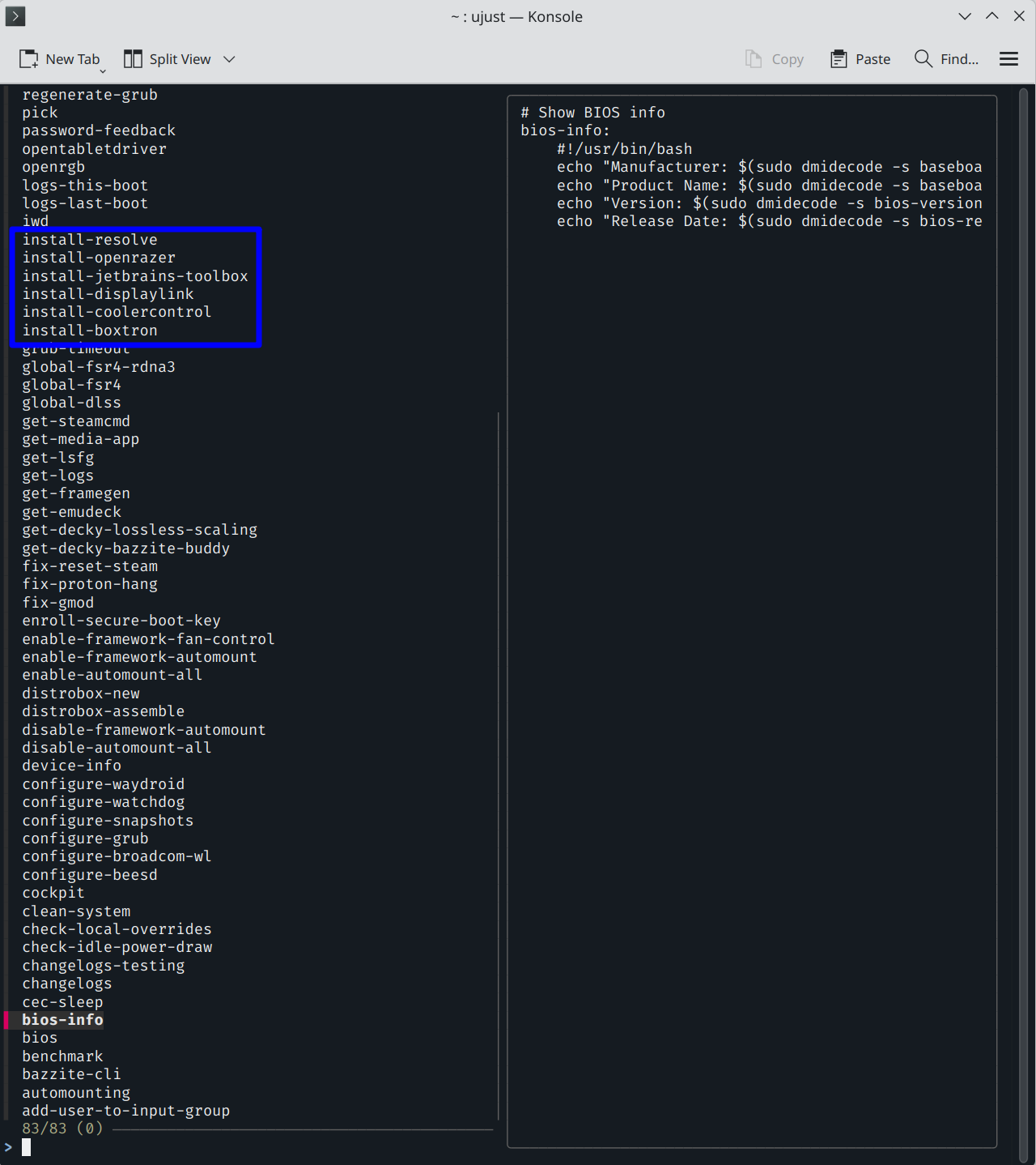 Available installation and other built-in commands in ujust