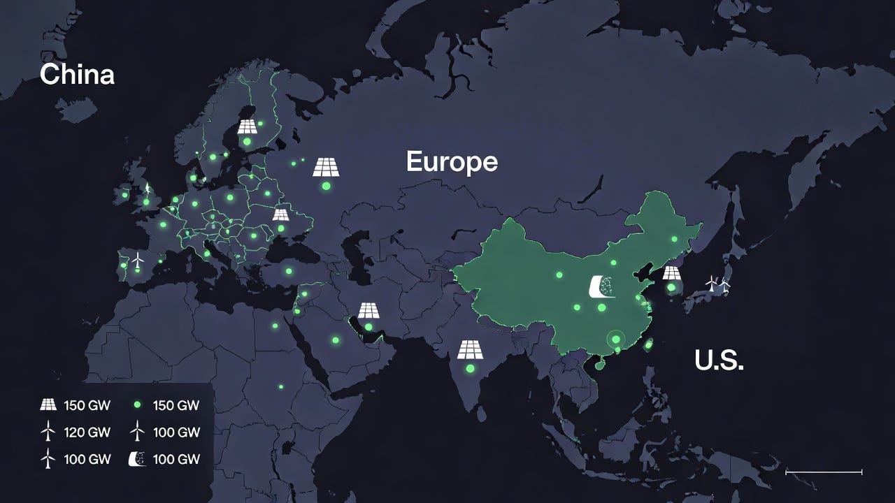 Grok Image — A world map-style infographic showing major renewable growth regions, with China, Europe, and the U.S. highlighted.