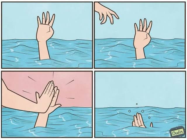 An (in)famous drowning meme. Four-panel comic. Panel 1: Hand emerges from blue water, four fingers extended. Panel 2: Another hand reaches down. Panel 3: Two hands high-five underwater, background is pink. Panel 4: Hand with four fingers reappears briefly, then sinks below blue water. Artist signature “Gudim” in bottom right corner. As inexplicable a storyline to anyone with empathy or compassion within, it is a story we unfortunately see time and time again.
