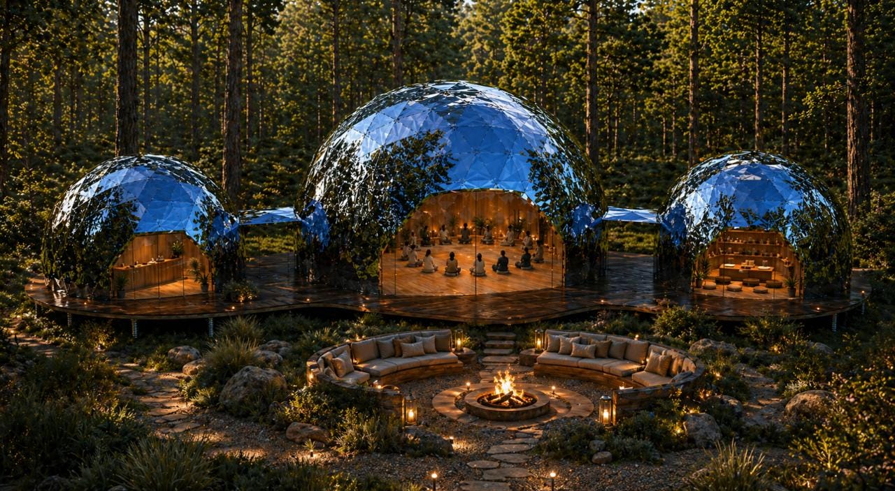 Geodesic Jungle Domes Immersive dome spaces designed to reconnect you with nature, where light, water, and greenery create a deeply restorative environment