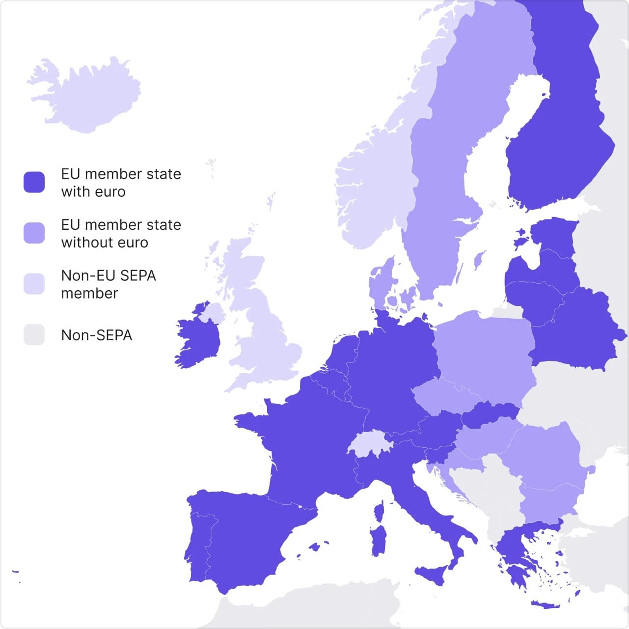 Map showing European countries’ SEPA membership and euro usage for understanding payment zones