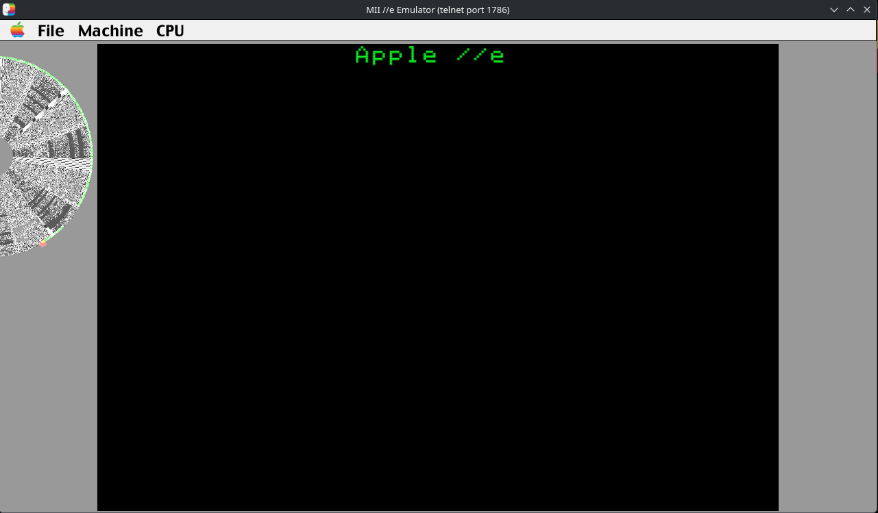 Mii Emu screenshot, showing Disk 1 being read on the left. I love the pointless pleasure of seeing the image representation of the data on the disk, with the read head (orange circle) and reading trace (green line) showing disk activity.